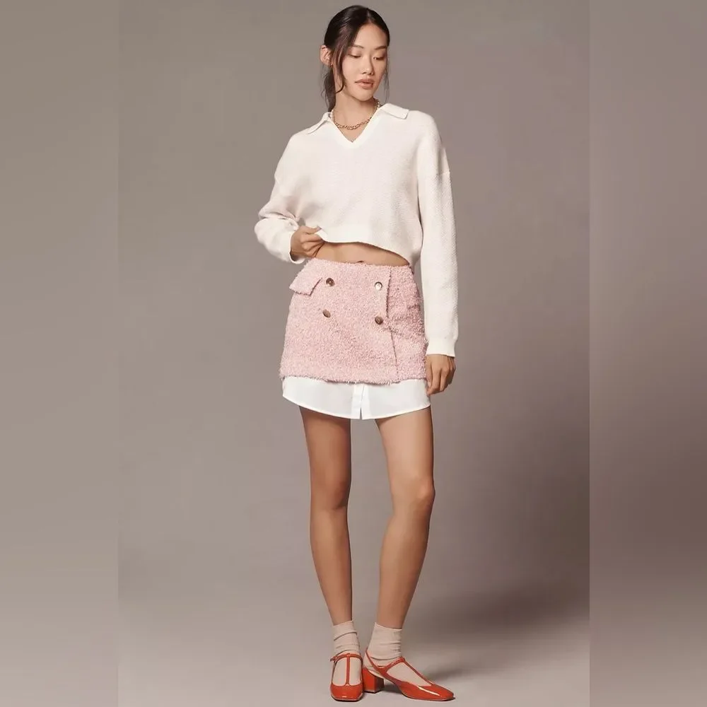 NWT Anthropologie | Maeve Tweed Pink White Weave Mini Skirt‎ Sz 6